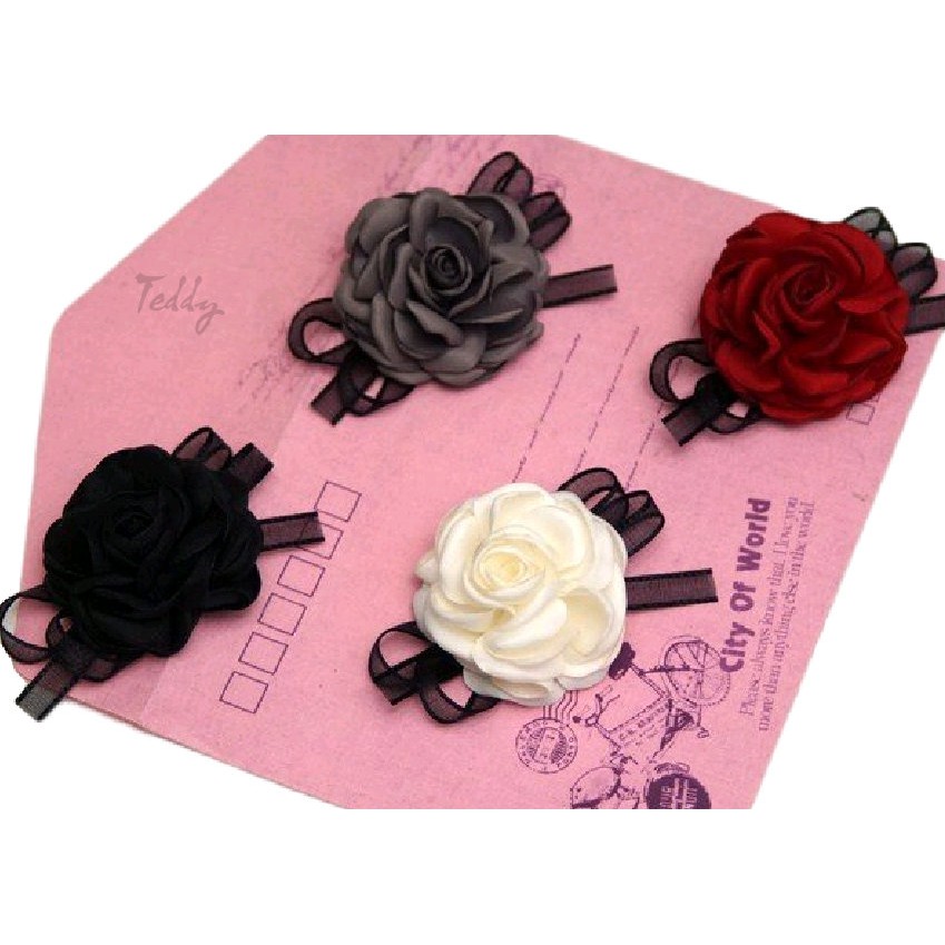 Hoa cài áo hoa hồng lụa nơ voan handmade RP032