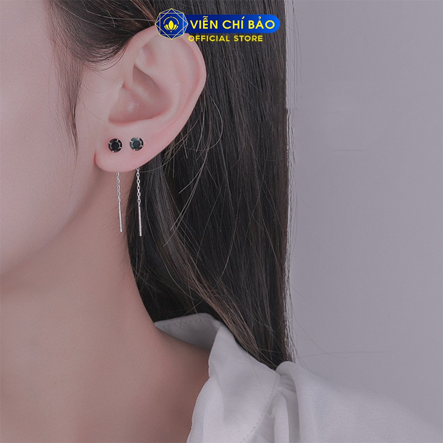 Bông tai bạc nữ đính đá đen dây xích bạc 925 thời trang phụ kiện trang sức Viễn Chí Bảo B000153x