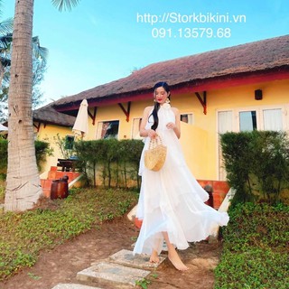 Đầm maxi voan tầng yếm hoa cổ