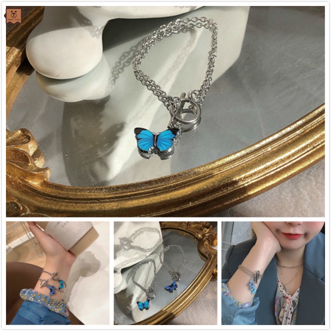 Vòng Tay Mặt Hình Bướm Đính Đá Xanh Dương Phong Cách Hàn Quốc