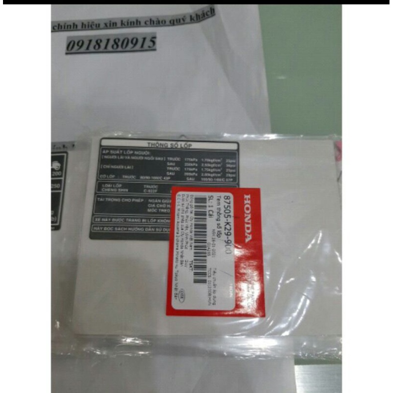 Tem thông số lốp sh mode chính hãng honda