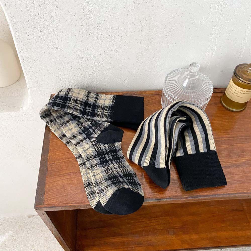 Tất Bắp Chân Cotton In Họa Tiết Caro Harajuku 1 Cho Nữ
