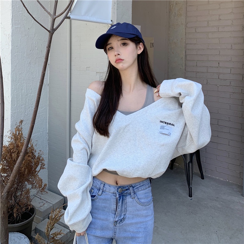 COZOK Áo sweater tay dài dáng rộng giả hai lớp thời trang Hàn Quốc