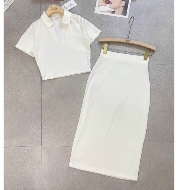 FREESHIP🪴video🌱Set Đầm chân váy body dài kèm áo croptop cổ bẻ ☄️☄️ls