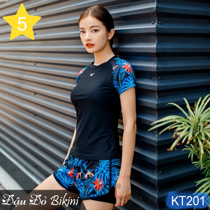 Bộ bơi 2 mảnh thể thao nữ, phong cách trẻ trung năng động, dáng áo cộc tay quần sooc đùi 2 lớp, chất đẹp dày dặn | KT201