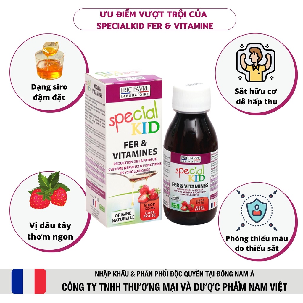 Siro giảm nguy cơ thiếu máu, bổ sung Sắt và Vitamin thiết yếu - Special Kid Fer &amp; Vitamine - 125ml [Eric Favre - Pháp]