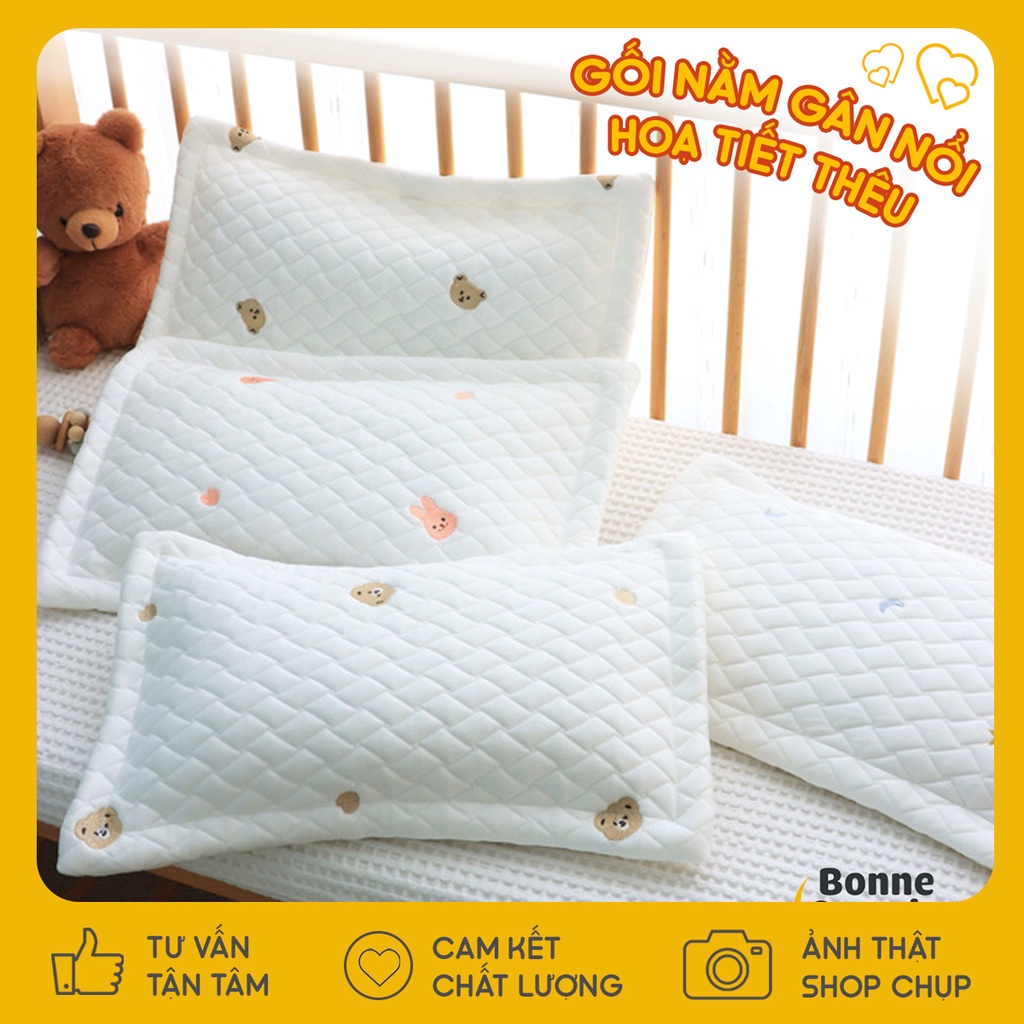 Gối nằm chữ nhật 30*50cm Cotton gân nổi hoạt tiết thêu cho bé 0-5 tuổi
