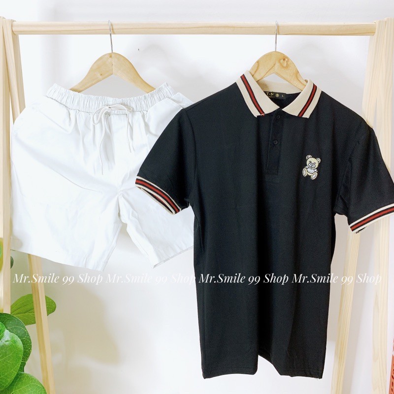 ÁO THUN POLO BASIC TRẮNG ĐEN CỔ BẺ THÊU GẤU MR SMILE 99 SHOP