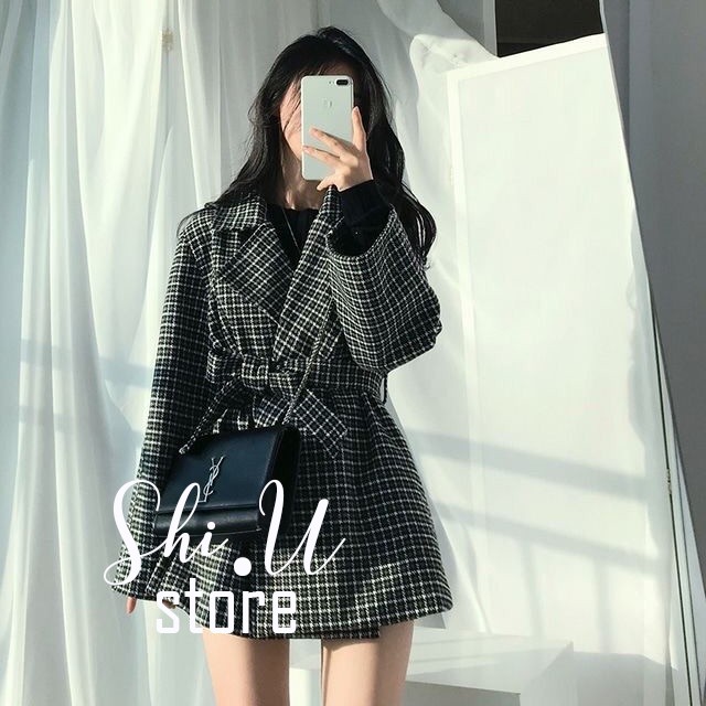 Áo Khoác Dạ Nữ Áo Vest Dạ Dài Tay Kẻ Răng Sói Kèm Đai Buộc Eo Dáng Rộng Chất Dày Dặn Hàn Quốc
