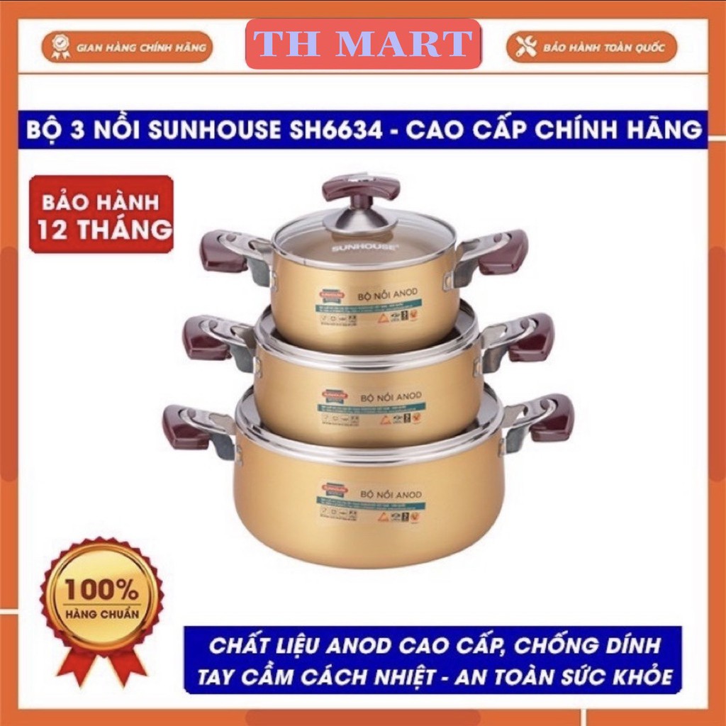 Bộ nồi Sunhouse SH6634 hợp kim nhôm công nghệ ANOD tiên tiến duy nhất tại việt nam dùng bếp gas bếp hồng ngoại