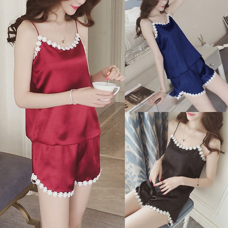 Bộ Đồ Ngủ Giả Lụa Phối Ren Thêu Hoa Xinh Xắn Thời Trang Cho Nữ