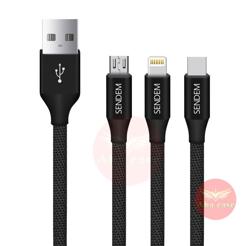 [Freeship] Cáp sạc đa năng 3in1 Sendem M10 - dây sạc dù 3 trong 1, chân Lightning, Micro Usb, Type-C, tải nhanh tiện lợi