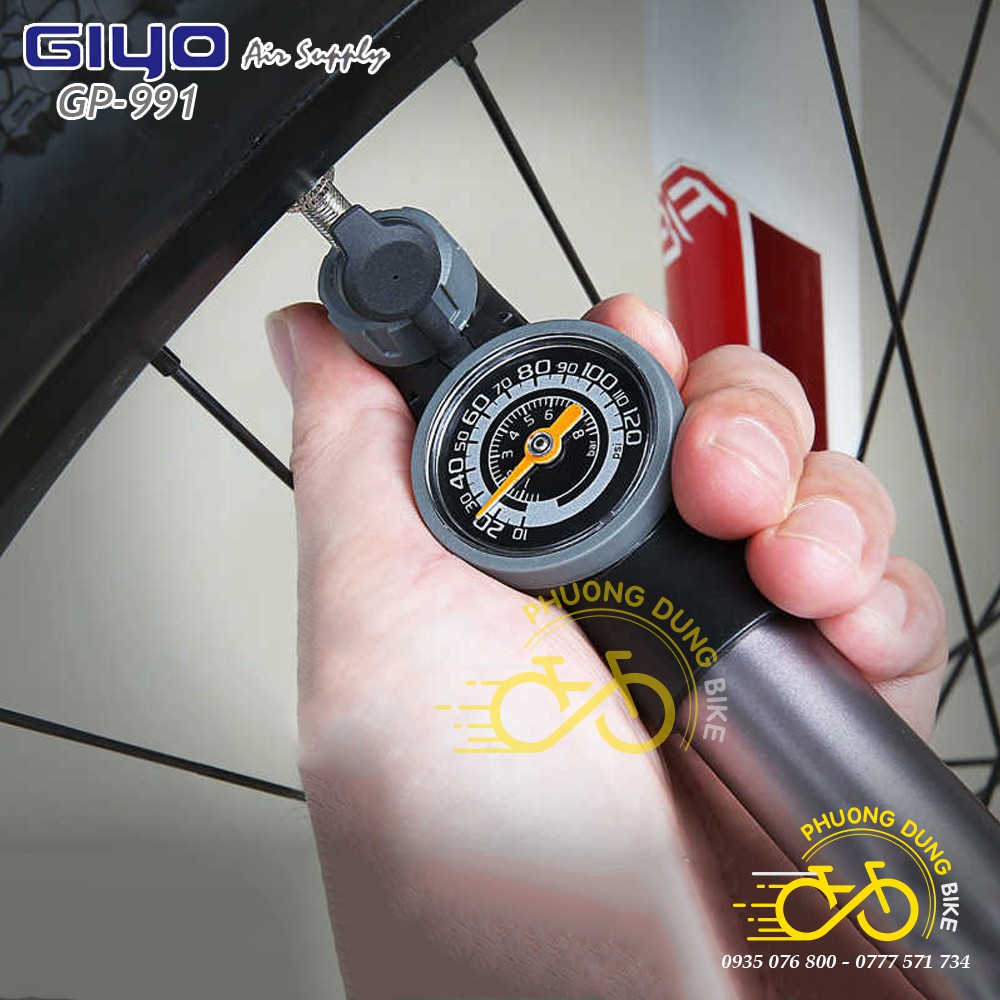 Bơm mini xe đạp Giyo GP-991 có đồng hồ đo áp suất - Van Thông Minh