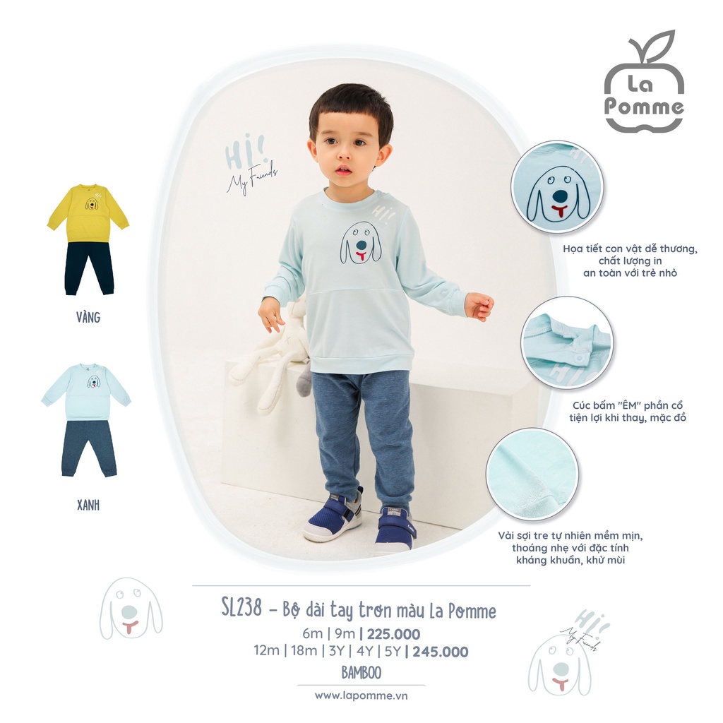 Bộ La Pomme dài tay Bamboo cao cấp mềm mịn thoáng mát thấm hút tốt cún hi cho bé trai bé gái SL238