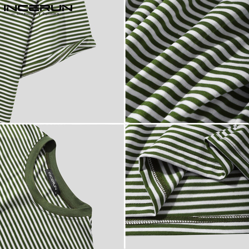 Áo thun Incerun tay lửng dáng rộng họa tiết kẻ sọc trẻ trung thời trang cho nam