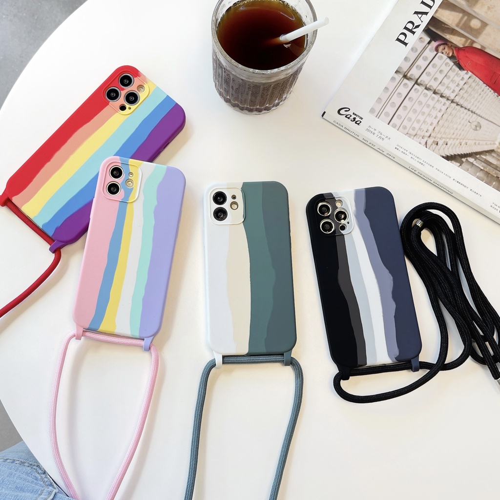Silicone Ốp Điện Thoại Silicon Dẻo Màu Cầu Vồng Kèm Dây Đeo Cổ Cho iphone 11 12 13 pro max iphone 14 plus