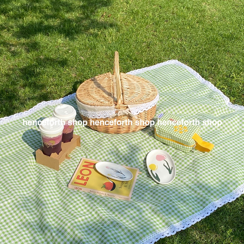 Khăn trải bàn dã ngoại picnic caro vintage có viền ren trắng, Phông Nền Chụp Ảnh Trang Trí Bàn Học