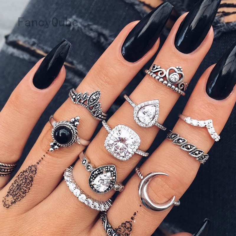 Set 10 Nhẫn Đính Pha Lê Thiết Kế Đa Dạng Cổ Điển Phong Cách Bohemia