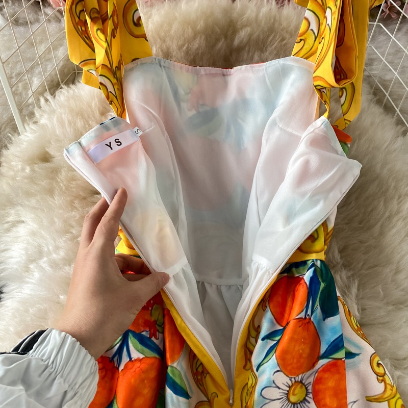 Váy hai dây phối nơ, họa tiết sang trọng hàng thiết kế quảng châu