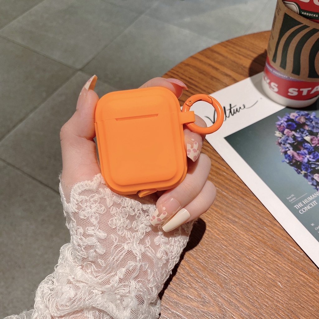 Vỏ bọc TPU mềm dáng vuông màu cam gắn dây đeo bảo vệ thích hợp cho hộp sạc tai nghe Airpods 1 2 3 pro