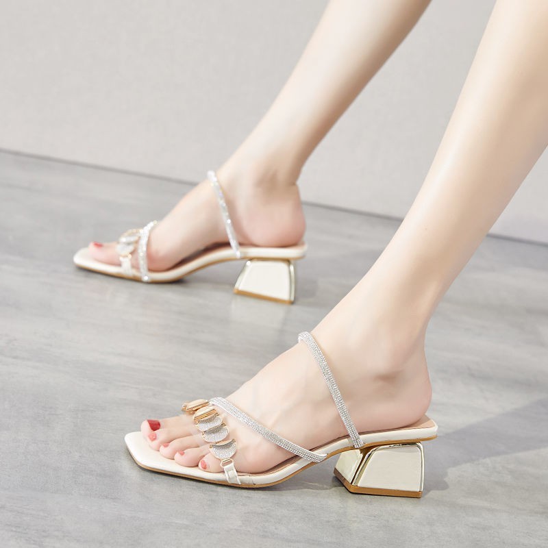 01 - Sandal 5 Phân Gót Vuông Dây Chéo Kim Tuyến