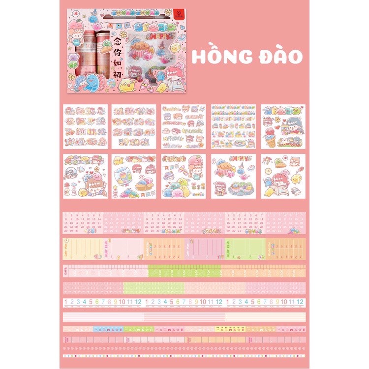 Hộp 19 Washi Tape Kèm 10 Miếng dán Sticker đẹp 10x10cm, kèm 1 bút cắt băng dính dán và ticker chuyên dùng giá siêu rẻ