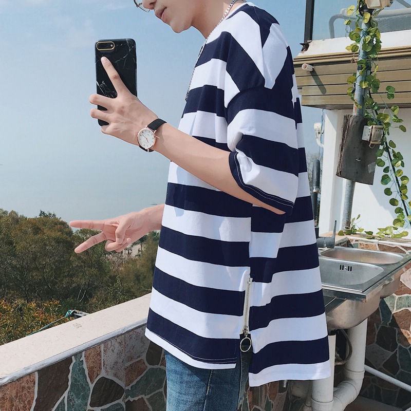 Áo thun Oversize Zip eo sọc ngang