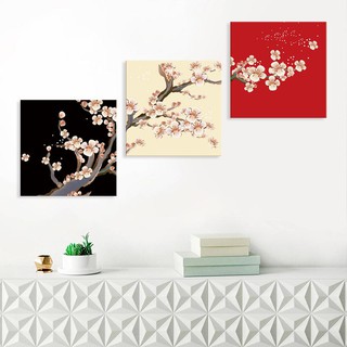 Bộ 3 tranh ghép treo tường canvas hiện đại cành hoa đào tông nền đa màu sắc  HD29