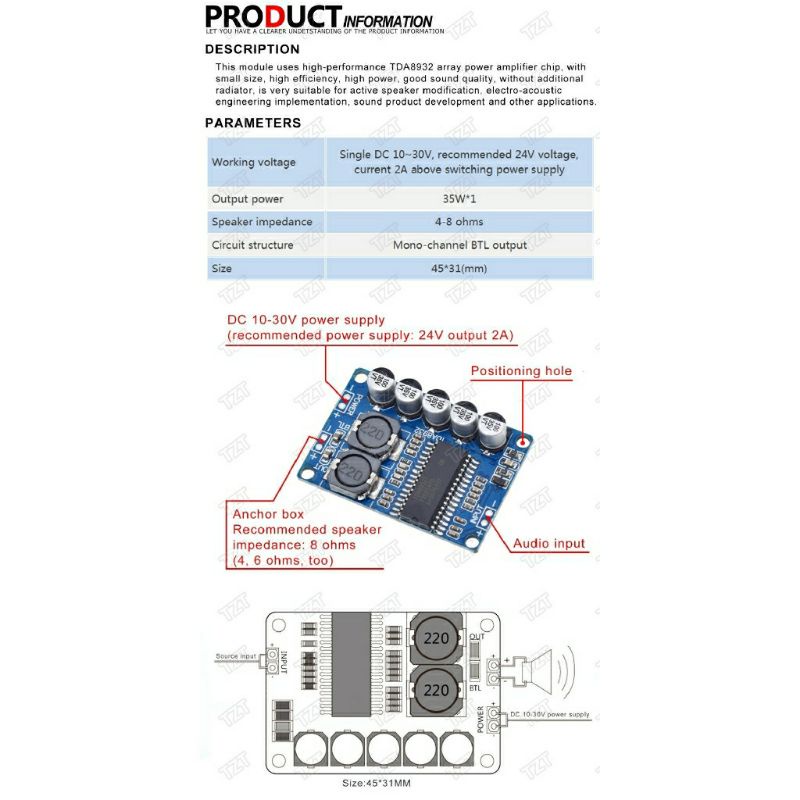 Mạch Khuếch Đại Công Suất Âm Thanh mono 35W x1 Class D TDA8932 Chất Lượng Cao