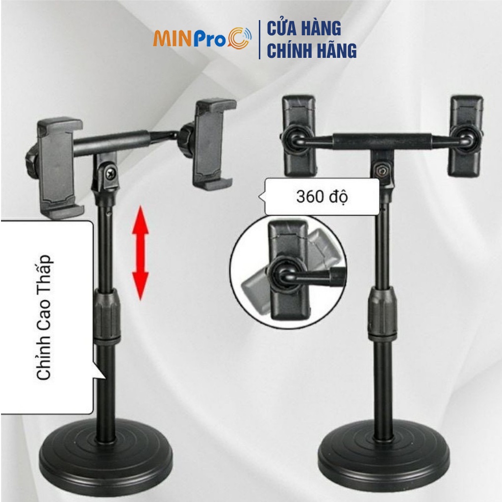 Giá đỡ điện thoại Microphone Stands 2 kẹp chống lưng 360, đế chân tròn để bàn livestream đa năng, tiện lợi MINPRO