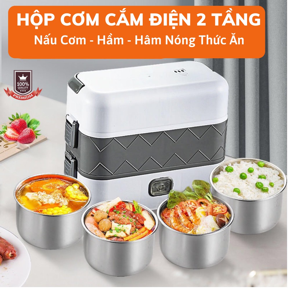 Hộp cơm cắm điện văn phòng 2 tầng, 4 khay inox giữ nhiệt, tự nấu chín đồ ăn, hâm nóng đồ ăn bảo hành 12 tháng