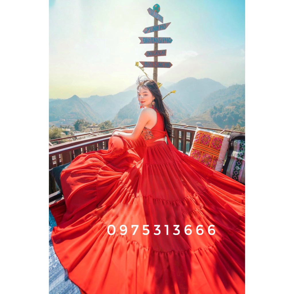Đầm Vintage, Váy Maxi Đi Biển V112, Chất Lụa Mềm Mát, Màu Đỏ Phối Thổ Cẩm, Siêu Phẩm Của Tín Đồ Sống Ảo, Mẫu Mới 2021