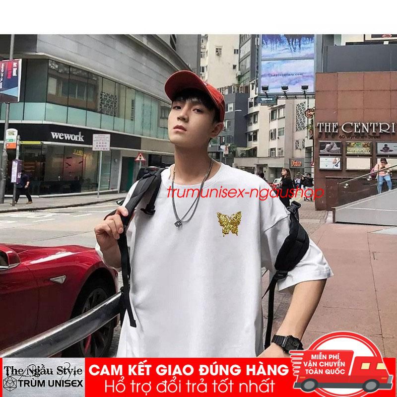 Áo thun unisex form rộng tay lửng nam nữ hàn quốc in Phản Quang 7 màu Bướm 3D vàng Gold