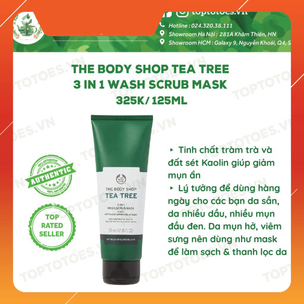 CHI ÂN HÈ Sữa rửa mặt kiêm mặt nạ và tẩy tế bào chết The Body Shop Tea Tree 3 In 1 Wash Scrub Mask làm sạch sâu, detox, 