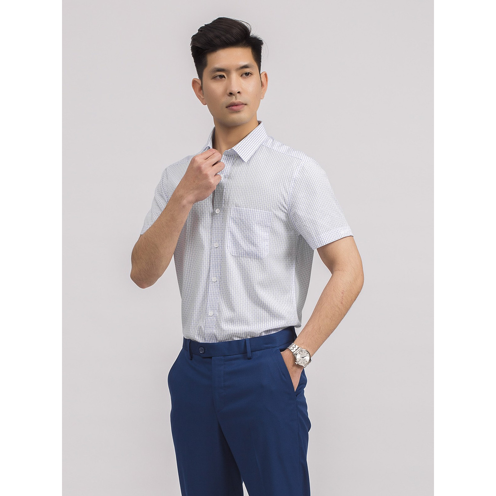 Áo Sơ Mi Nam Ngắn Tay ARISTINO ASS055S9 Somi Công Sở Cao Cấp màu Trắng kẻ ô xanh Vải sợi tre Dáng suông tà bằng có túi