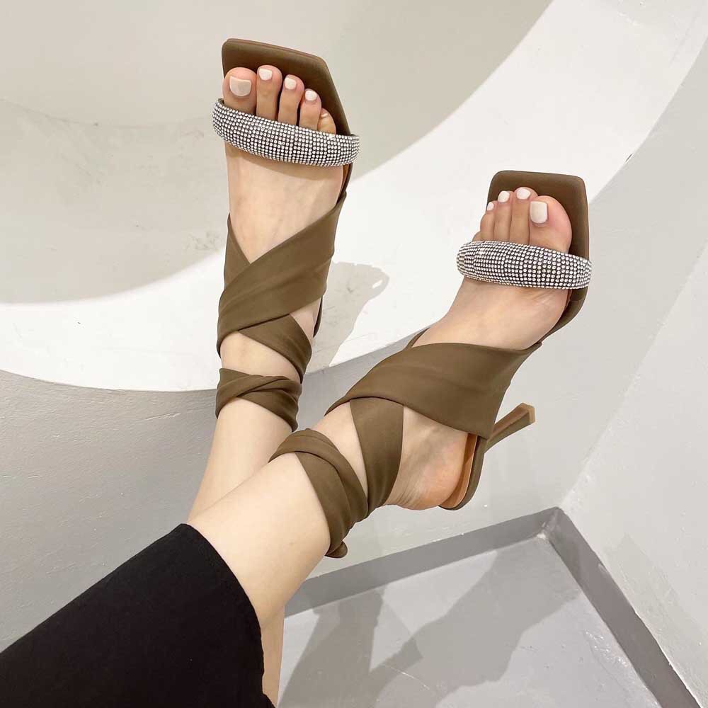 Giày Sandal dây quấn cao 9P chất da nỉ nhung cao cấp phối quai đá kiểu dáng sang chảnh - Giày cao gót chiến binh nữ