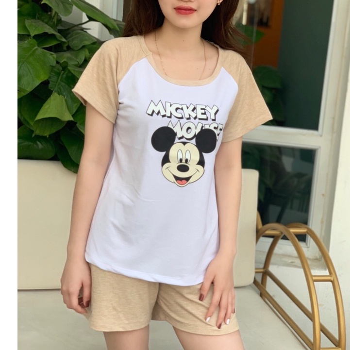 Bộ Mặc nhà Nữ Set Bộ Tay Ngắn Quần Đùi Họa Tiết Mickey Sắc Nét Chất Thun Coton Mềm Dễ Thương Mặc Nhà Thoải Mái