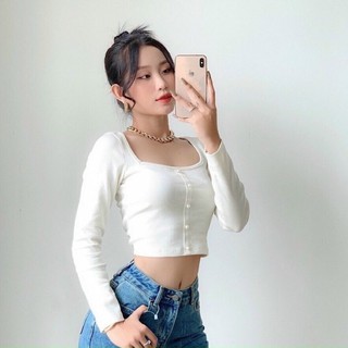 Áo croptop thun gân tay dài cổ vuông đính Ngọc A3