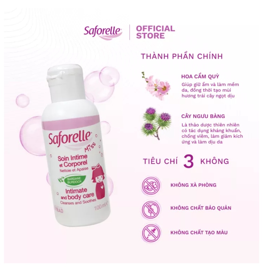 Dung dịch vệ sinh bé gái Saforelle Miss cao cấp giúp làm sạch, dưỡng ẩm vùng da nhạy cảm của bé gái 100ml