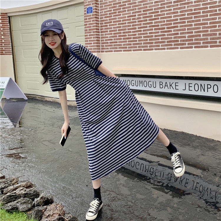 Đầm thun nữ kẻ sọc basic form rộng thời trang