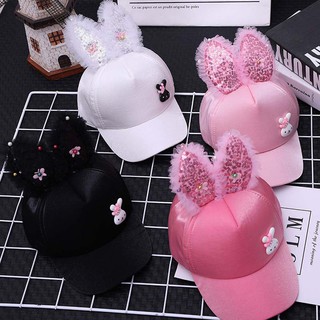 children Mũ lưỡi trai che nắng trang trí hình tai thỏ đính kim sa thiết kế điều chỉnh được cho bé gái