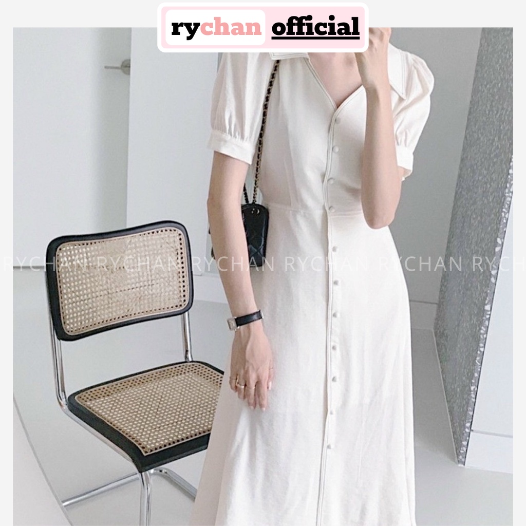 Đầm Nữ Dự Tiệc Sơ Mi Cách Tân Nút Trước Tay Ngắn Phồng Màu Trắng [ẢNH THẬT CUỐI] - DX9799