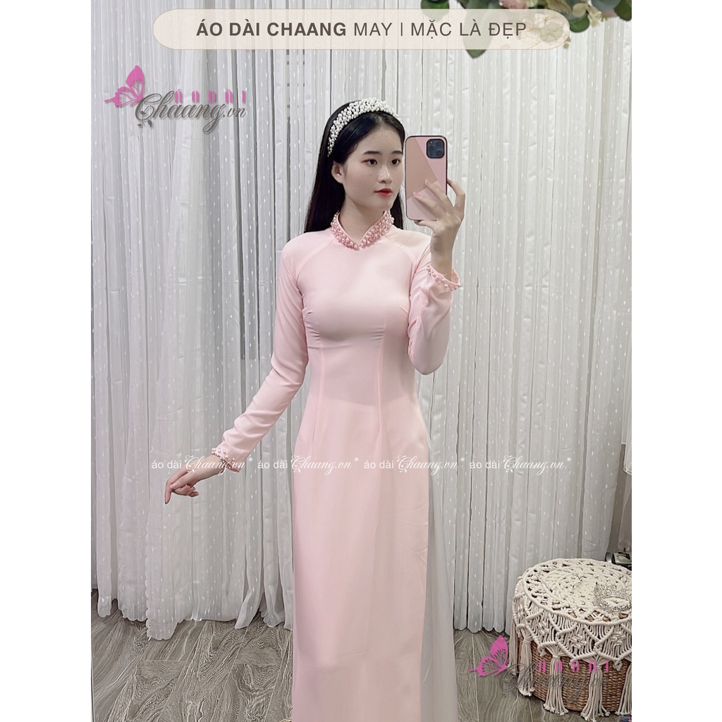 Áo Dài Hồng Truyền Thống CHAANG May Sẵn Cô Dâu Cưới Thiết Kế Đính Tủa Cổ Ngọc Form Chuẩn Đẹp ADH422