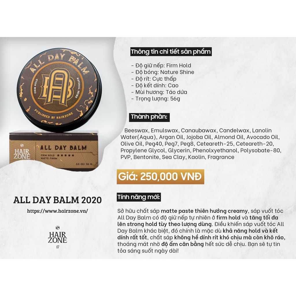 [CHÍNH HÃNG] Sáp vuốt tóc nam ALL DAY BALM 2022 by Hairzone 2Oz 56g wax tạo kiểu tóc Hair Zone