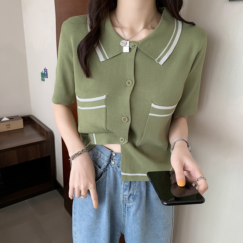 Áo croptop XIAOZHAINV vải dệt kim tay ngắn cổ polo phong cách retro Hàn Quốc thời trang cho nữ có 3 màu sắc lựa chọn