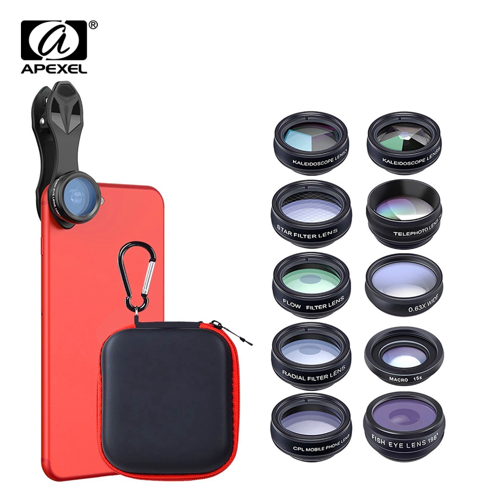 APEXEL 10in1 CellPhone Camera Lens Kit Wide Angle & Macro Lens + Fisheye Lens Telephoto Lens CPL / Lưu lượng / sao