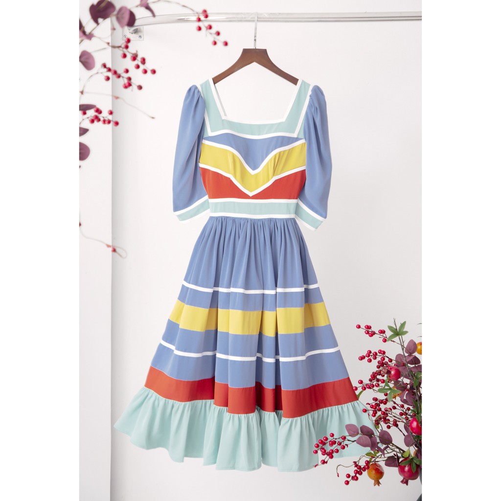 SÒ VINTAGE - MARIA Đầm xòe cổ vuông phối nhiều màu | BigBuy360 - bigbuy360.vn