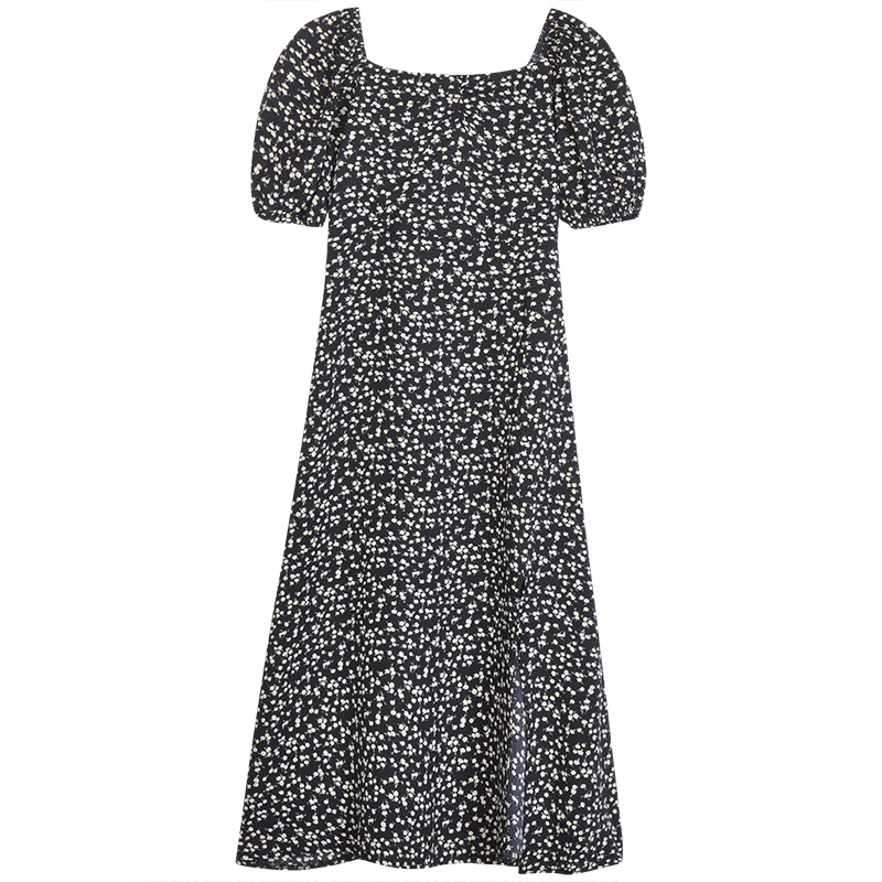 Đầm Cổ Vuông Màu Đen Xẻ Tà Chiết Eo Cao In Họa Tiết Hoa Phong Cách Pháp Thời Trang Mùa Hè Cho Nữ