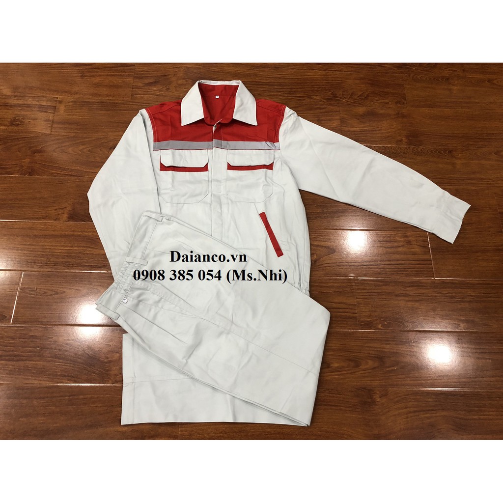 Quần áo bảo hộ vải kaki màu ghi trắng phối đỏ DN12- Hình thật, hàng sẵn