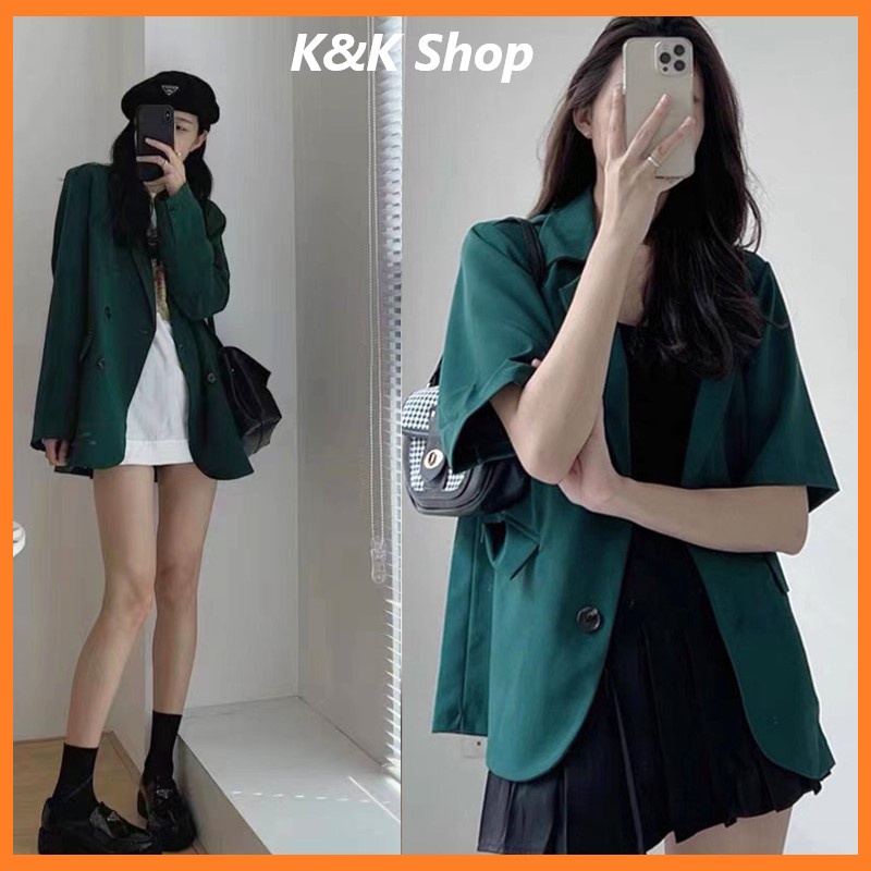 Áo khoác blazer xanh lá hottrend, áo vest dài tay, ngắn tay chất tuyết mưa dày dặn freesize
